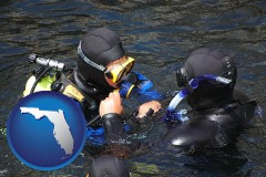 florida map icon and a scuba diving lesson in Monterey Bay, California