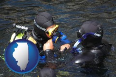 illinois map icon and a scuba diving lesson in Monterey Bay, California
